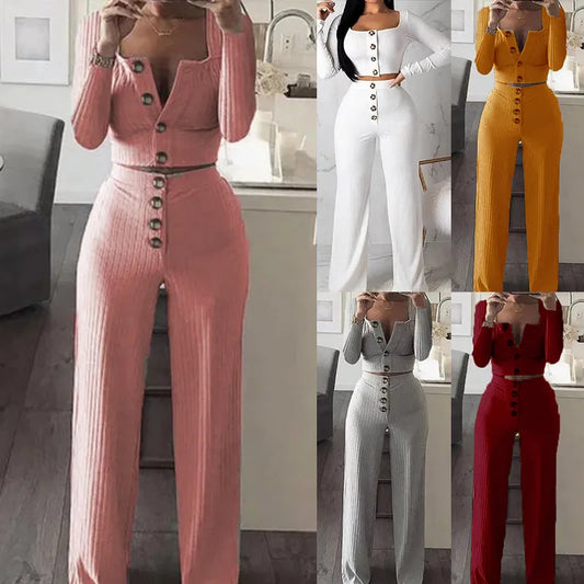 Sets Women Summer Spot Europe New 2023 long-sleeved Cardigan Button Morality Leisure Suit Buttons Long Pant Casual CKX9141