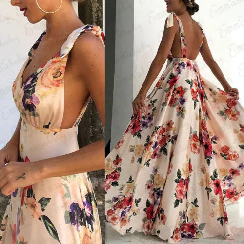 Summer Newly Ladies V Neck Sundress Sexy Long Dress Backless Evening Party Printed Travel Beach Dresses