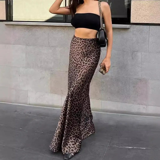 Sheath Skirt Leopard Print High Waist Fishtail Maxi Skirt for Women Elegant Floor Length Party Prom Skirt with Zipper Closure