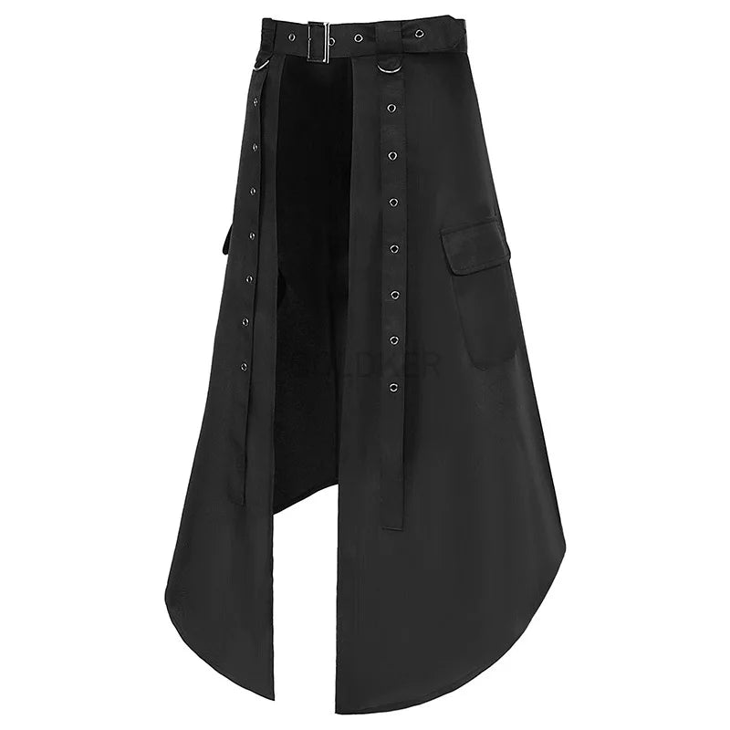 Women's Punk Half Skirt Vintage Adjustable Waist Belt Halloween Stage Performance Gothic Clothes Men Y2K Punk Skirt Black