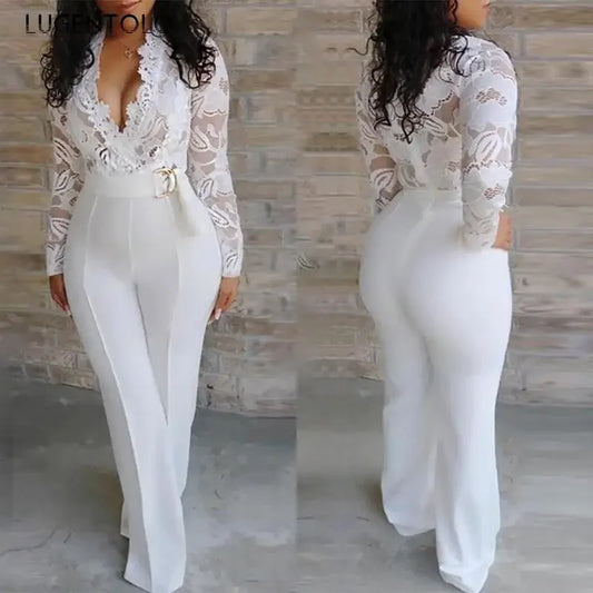 Women White Jumpsuit Lace Stitching Long Sleeve V-neck Large Size Wide Leg Pants Office Lady  Jumpsuits for Woman Lugentolo