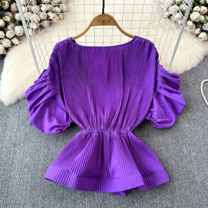 Neploe Elegant Vintage Puff Sleeve Shirts Women Y2k Slim Waist Lace Up Blouses 2024 Spring New V-neck Ruched Blusas Mujer