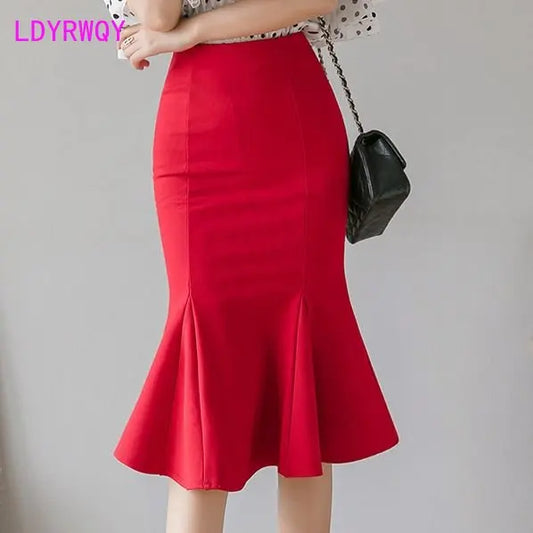 Half length Skirt Women's New Versatile High Waist Elastic Wrap Skirt Mid length Ruffle Edge Wrap Hip Fishtail Skirt