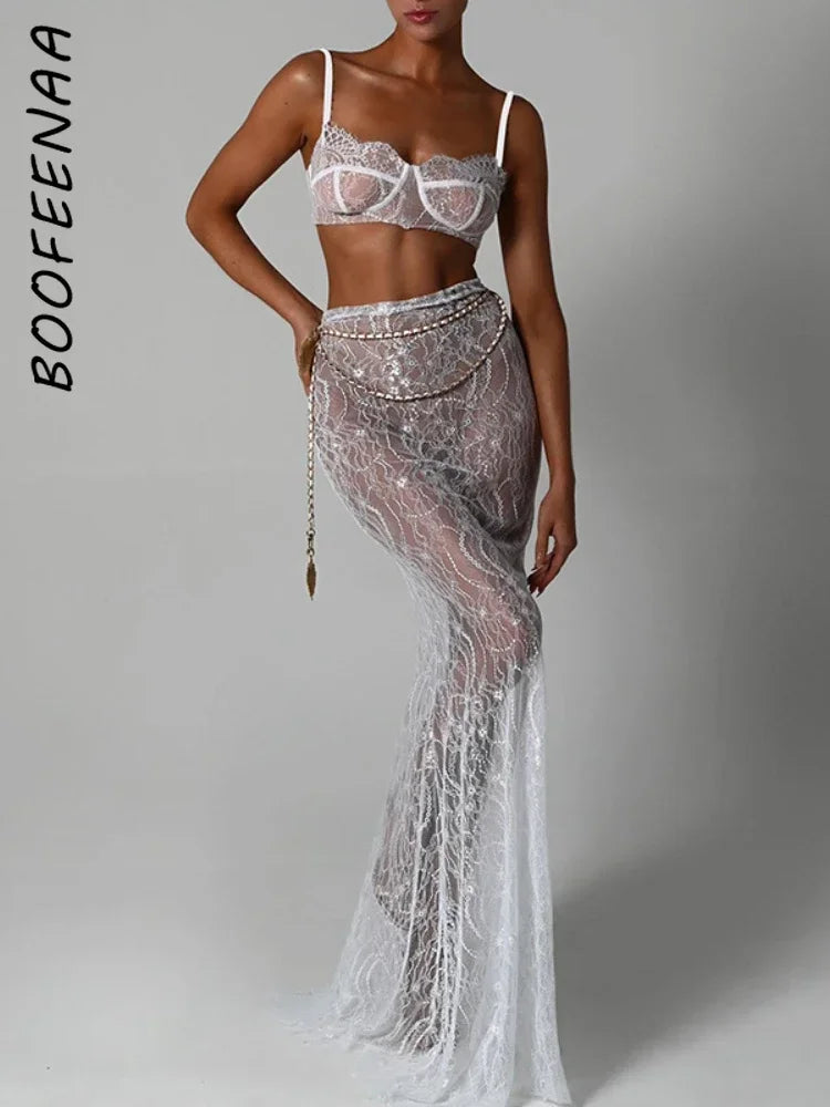 BOOFEENAA Sexy 2 Piece Sets Crop Top Maxi Skirt Elegant Party Evening Sheer Lace Dress Vacation Outfits for Women 2023 C92-EI27