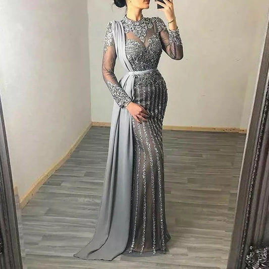 2022 Autumn Winter Fashion Elegant Long Sleeved Full Length Evening Party Dresses Robes De Cocktail Slim Gray See-Through Gowns