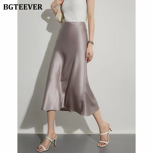 BGTEEVER Elegant Satin Mermaid Skirts Women Spring Summer Office Ladies Package Hip Skirts