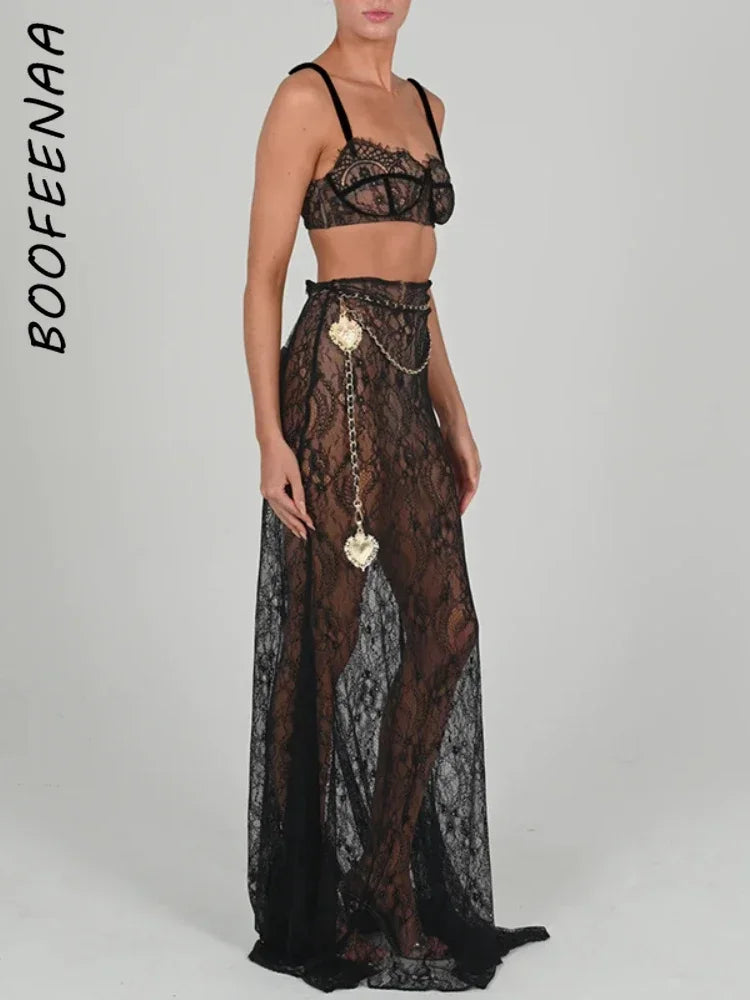 BOOFEENAA Sexy 2 Piece Sets Crop Top Maxi Skirt Elegant Party Evening Sheer Lace Dress Vacation Outfits for Women 2023 C92-EI27