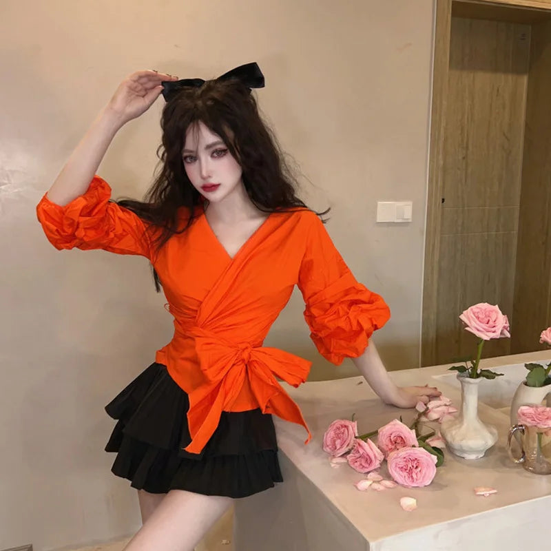 Women Blouse Tops New Folds Waist Belt V Neck Lady Bow Puff Sleeve  Fashion Casual Shirts Female Clothes Blusas 2023