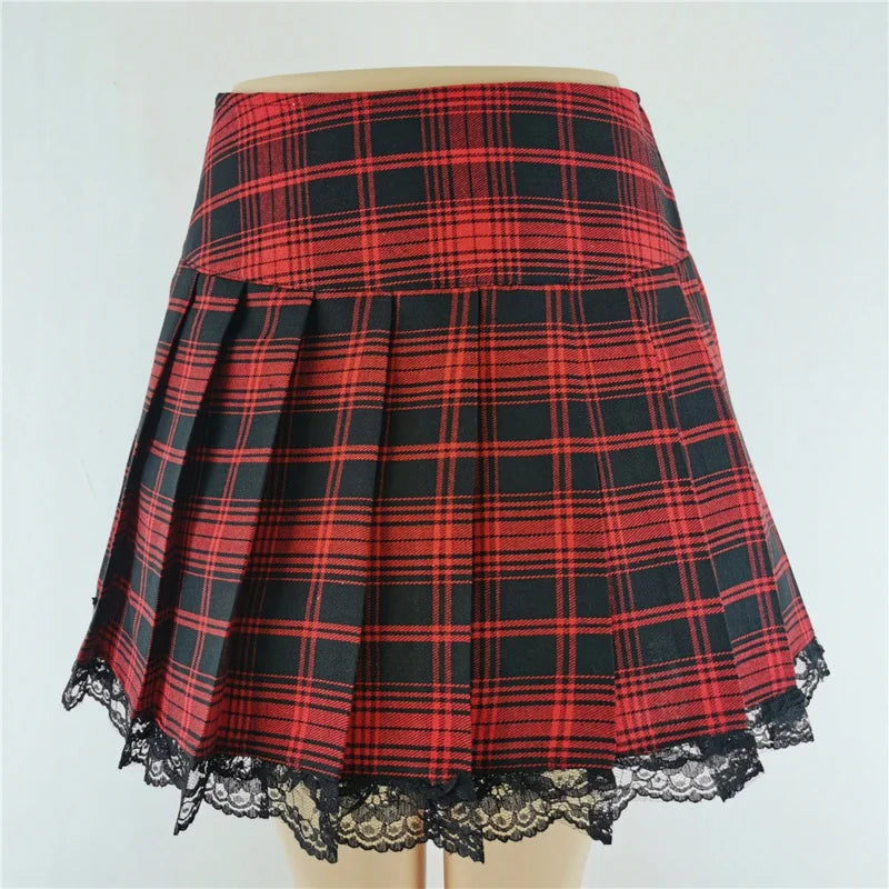 New Contrast Lace Plaid Pleated Skirt Vintage Sexy Skater Clothes Harajuku Gothic Punk England Style Y2k Skirt