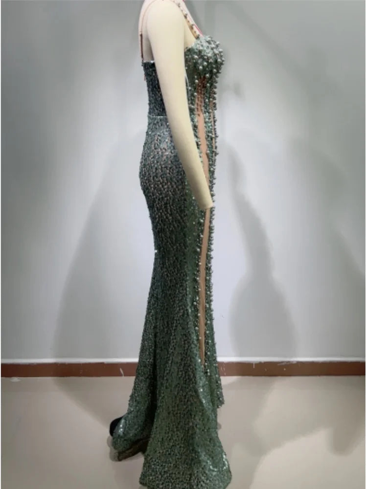 2024 New Spring Style Women Sexy Off the Shoulder Pearl Beading Bodycon Long Dress Celebrate Evening Party Prom Vestido