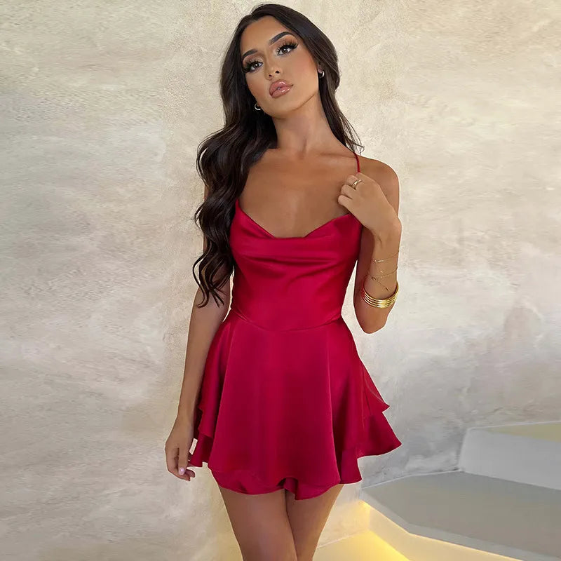 Sling Satin Halter Strap A Pendant Dress Sexy Elegant Lady Style Short Skirt Summer Female Club Party Vestidos