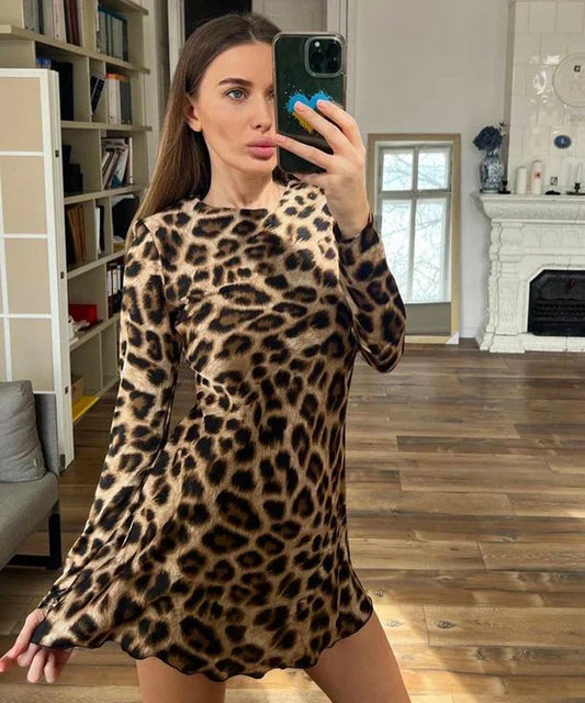 Newest Leopard Printed Mini Dress Women Summer Fashion Long Sleeve Slim Round Neck Short Dresses Female Evening Party Vestidos