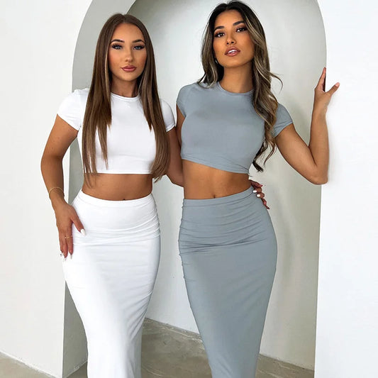 Women Sexy Skirt Set Fashion Solid Crop T-shirt Long Bodycon Skirts Ladies Summer 2 Piece Bodysuit Chic Outfit