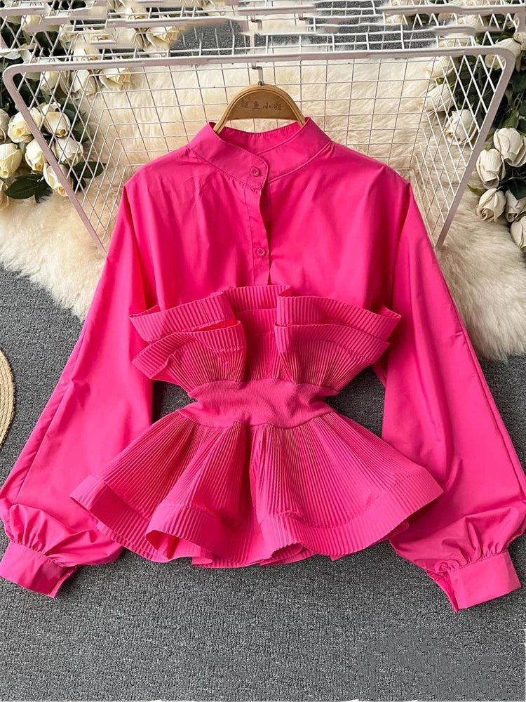 XFPV Women Puff Long Sleeve Shirt Pleated Ruffle Blouse Patchwork Temperament Y2k Top Slim Waist Shirt Sweet Korea Summer 2023