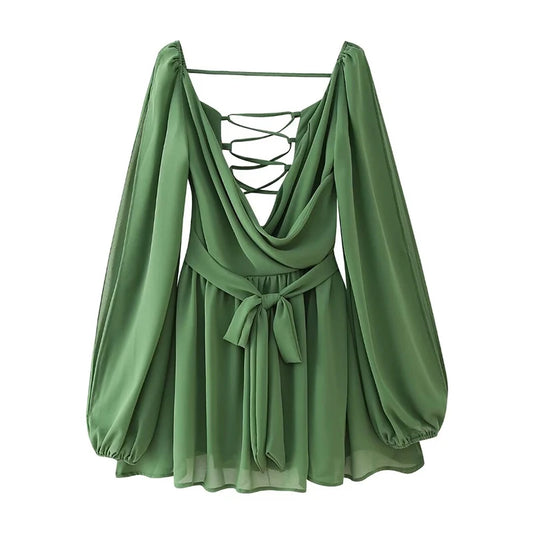 YENKYE Sexy Backless Lace Up Bandage Green Chiffon Dress Women Cross  V Neck With Belt Holiday Summer Dresses Short Vestidos