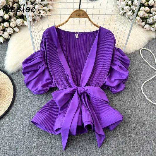 Neploe Elegant Vintage Puff Sleeve Shirts Women Y2k Slim Waist Lace Up Blouses 2024 Spring New V-neck Ruched Blusas Mujer